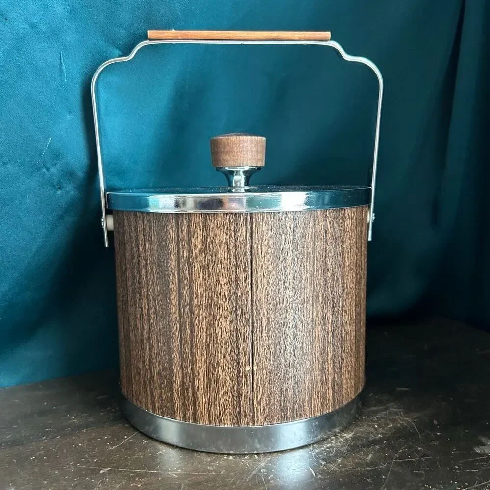Mid-Century Atapco USA Chrome Woodgrain Ice Bucket